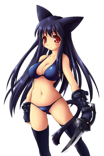 animal_ears artist_request bikini cat_ears copyright_request dagger midriff solo swimsuit thighhighs weapon