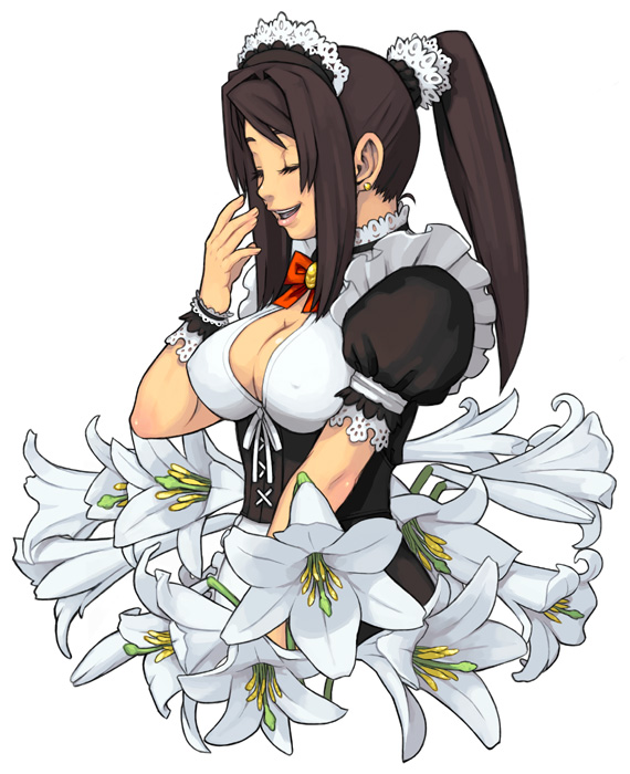 bow breasts brown_hair cleavage closed_eyes earrings easter_lily flower jewelry large_breasts laughing lily_(flower) maid maid_headdress maruta_kentarou original ponytail solo