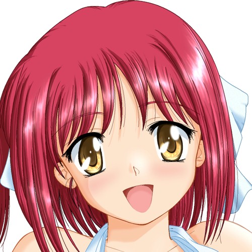 :d artist_request bangs bare_shoulders blush bow collarbone eyebrows eyebrows_visible_through_hair hair_bow halterneck head_tilt kohaku looking_at_viewer lowres open_mouth red_hair simple_background sleeveless smile solo tsukihime white_background white_bow yellow_eyes