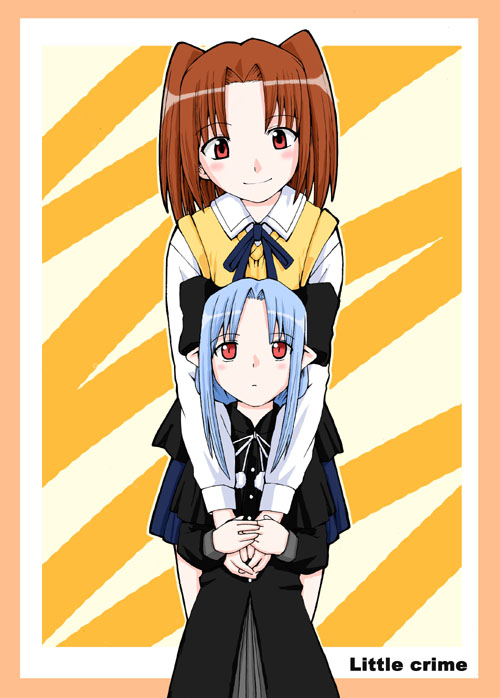 artist_request blue_hair blush bow brown_hair capelet expressionless hair_bow height_difference hug hug_from_behind len long_hair long_sleeves looking_at_another looking_up multiple_girls pointy_ears red_eyes school_uniform shirt skirt smile standing tsukihime twintails very_long_hair vest yumizuka_satsuki