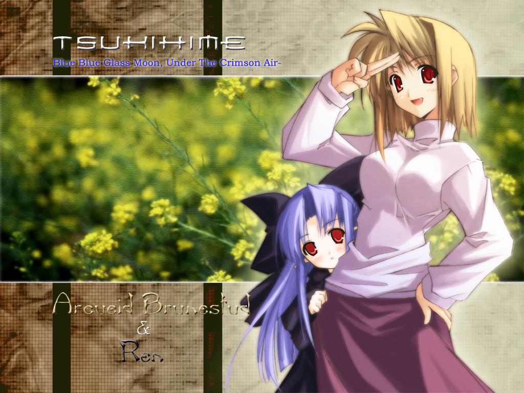 arcueid_brunestud blonde_hair blue_hair blush bow character_name clothes_grab fang field flower flower_field hair_bow hand_on_hip height_difference len long_hair long_skirt long_sleeves looking_at_viewer multiple_girls peeking_out photo_background pointy_ears purple_skirt red_eyes shingo_(missing_link) short_hair skirt sweater tsukihime turtleneck v very_long_hair wallpaper