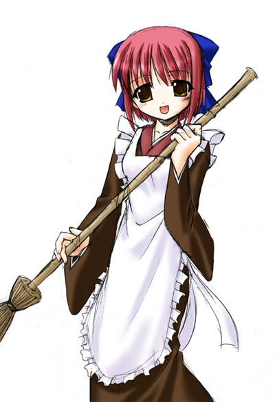 :d apron bamboo_broom blue_bow bow broom hair_bow japanese_clothes kimono kohaku long_sleeves looking_at_viewer maid mizuna_(water_emp-tei) open_mouth red_hair simple_background smile solo tsukihime white_background yukata