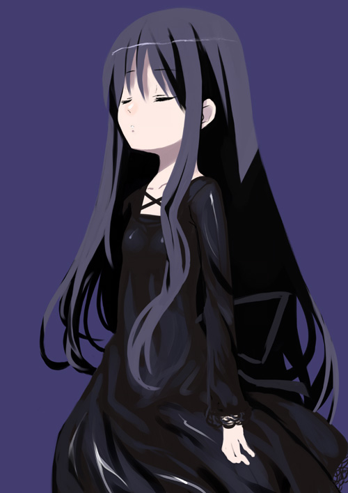 artist_request black_dress black_hair closed_eyes closed_mouth dress expressionless gothic long_hair long_sleeves original purple_background simple_background solo