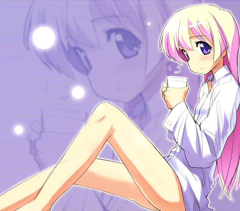 ass blonde_hair cup expressionless full_body legs long_hair long_sleeves looking_at_viewer naked_shirt open_mouth pani_poni_dash! purple_eyes rebecca_miyamoto shirt sikorsky sitting solo very_long_hair zoom_layer