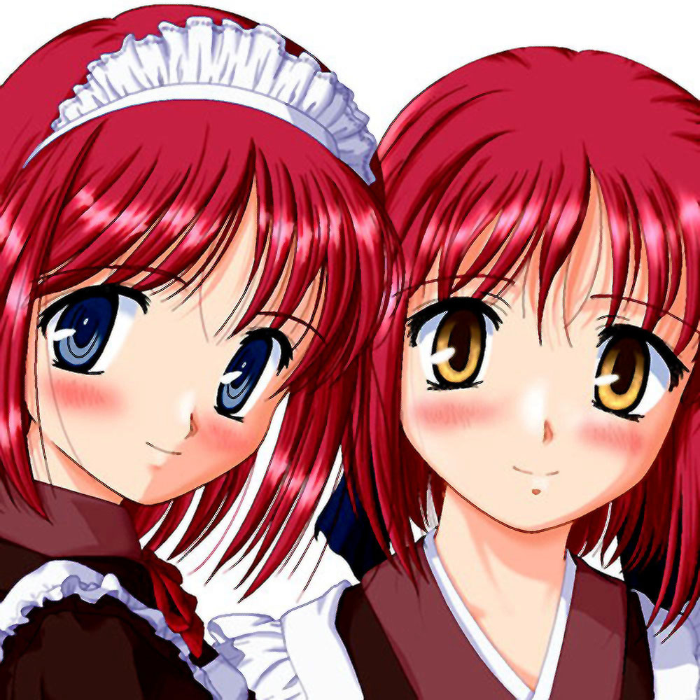 artist_request blue_eyes blush closed_mouth face head_tilt hisui jpeg_artifacts kohaku looking_at_viewer maid maid_headdress multiple_girls red_hair resized short_hair siblings simple_background sisters smile tsukihime twins upscaled yellow_eyes