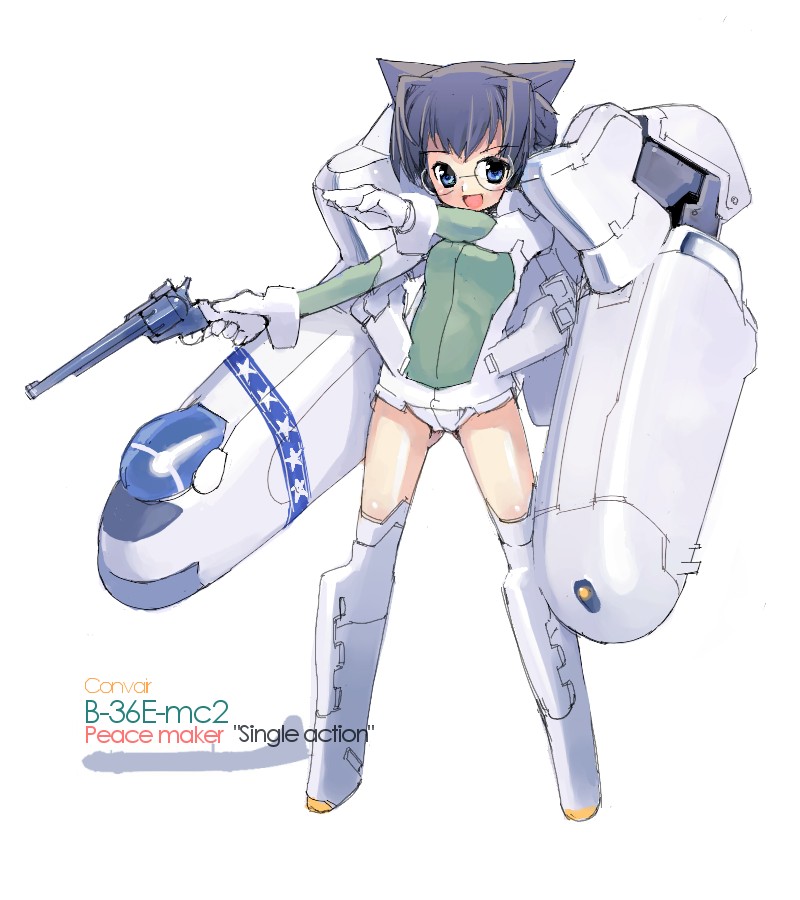 aircraft airplane animal_ears artist_request b-36_peacemaker bomber colt_saa glasses gun handgun holding holding_gun holding_weapon mecha_musume military military_vehicle original pun revolver simple_background solo weapon white_background