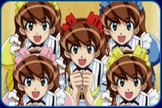 brown_hair clone cyberdoll_may hand_maid_may looking_at_viewer lowres maid maid_headdress multiple_girls open_mouth puffy_sleeves screencap sentai