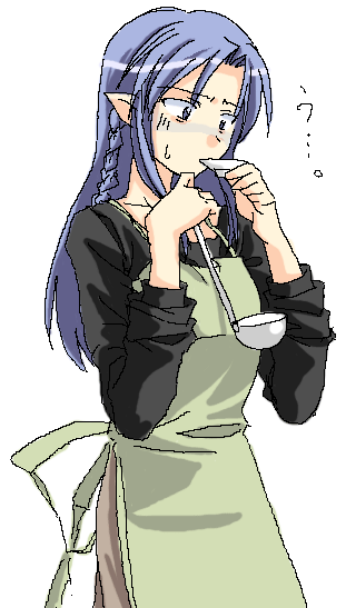? apron blue_hair braid caster cowboy_shot fate/stay_night fate_(series) fujitsuki green_apron ladle long_hair long_sleeves nervous pointy_ears saucer simple_background solo sweat tasting white_background
