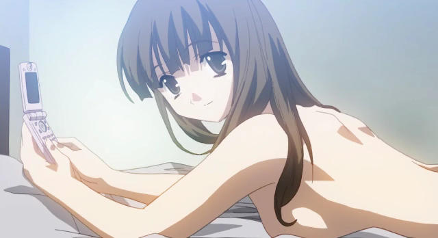 bed breasts brown_eyes brown_hair cellphone game_cg holding holding_phone kuroda_hikari looking_at_viewer looking_to_the_side lying nude on_stomach phone school_days solo