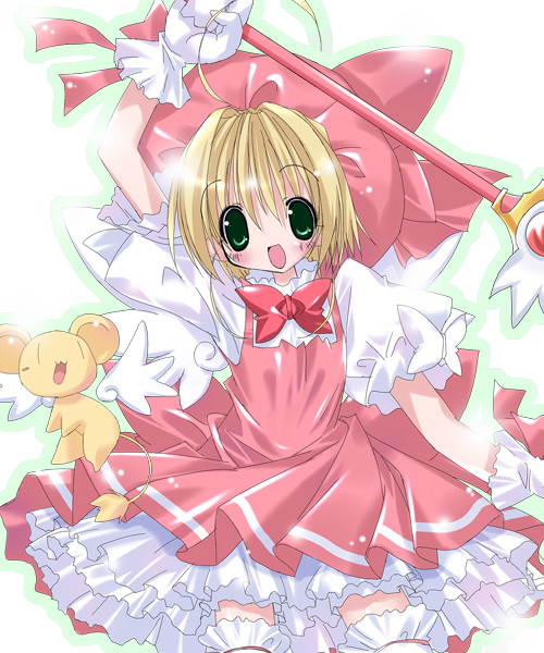 ahoge bad_anatomy blonde_hair blush bow cardcaptor_sakura creature dress frills fuuin_no_tsue hat kero kinomoto_sakura long_sleeves looking_at_viewer magical_girl paco pink_hat short_hair smile thighhighs wand wings zettai_ryouiki