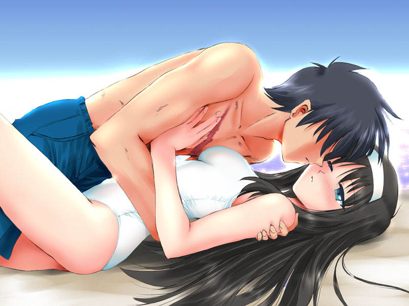 1girl arms_around_back artist_request beach blush hand_on_another's_chest hetero hug imminent_kiss incest kiss long_hair ocean one-piece_swimsuit scar swimsuit toono_akiha toono_shiki tsukihime water