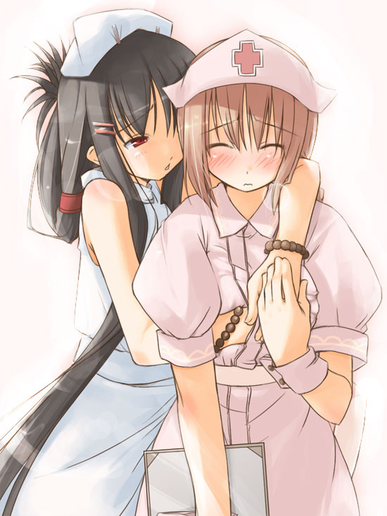 black_hair blush bracelet brown_hair closed_eyes embarrassed folded_hair hat hug hug_from_behind jewelry jirou_(chekoro) long_hair multiple_girls nurse nurse_cap original red_cross red_eyes short_hair very_long_hair yuri