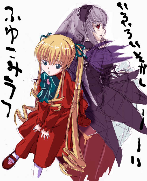 back-to-back black_wings blonde_hair bonnet dress drill_hair flower hairband long_hair long_sleeves looking_at_viewer looking_back mary_janes mikage_nao multiple_girls red_dress rose rozen_maiden shinku shoes silver_hair simple_background sketch suigintou translation_request v_arms very_long_hair wings