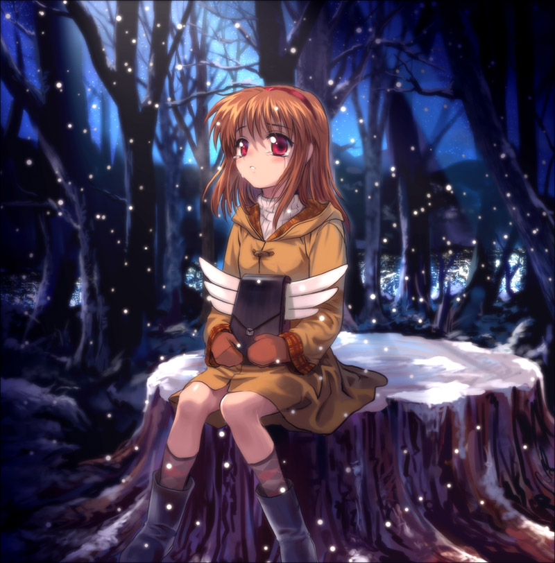 backpack bag forest kanon long_sleeves mutsuki_(moonknives) nature night randoseru red_eyes snow snowing solo tears tsukimiya_ayu winged_backpack