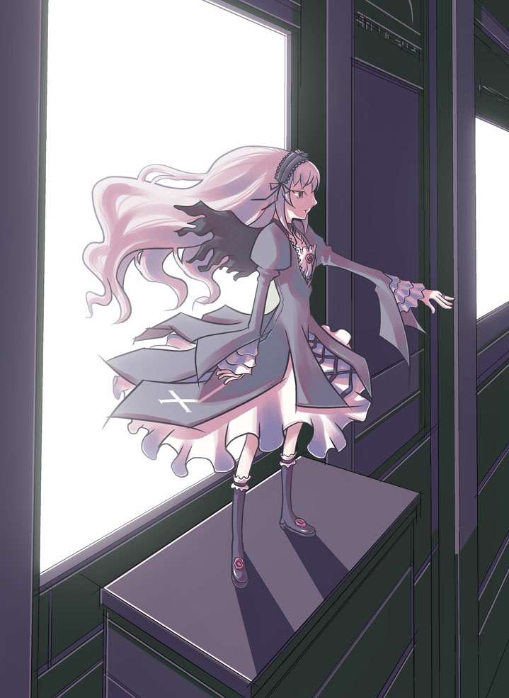 black_wings closed_mouth dress expressionless floating_hair flower frills full_body hairband long_hair long_sleeves looking_away mao_(daiou) outstretched_hand puffy_sleeves rose rozen_maiden silver_hair solo suigintou very_long_hair window wings