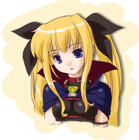 :o artist_request black_ribbon blonde_hair blue_cape cape fate_testarossa hair_ribbon long_hair lowres lyrical_nanoha magical_girl mahou_shoujo_lyrical_nanoha parted_lips purple_eyes ribbon sidelocks simple_background skin_tight solo twintails upper_body yellow_background