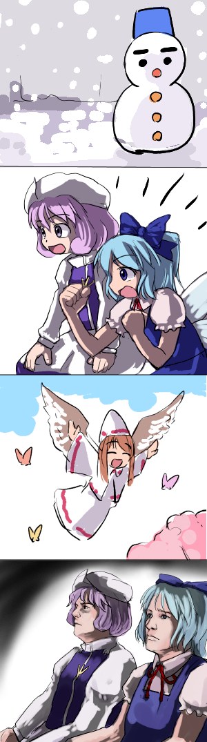 blue_hair brown_hair cirno gaijin_4koma hat hirosato letty_whiterock lily_white multiple_girls parody purple_hair snow snowing snowman touhou wings