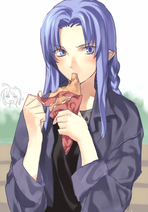 ahoge artoria_pendragon_(all) blue_eyes blue_hair braid caster casual crepe drooling eating engo_(mongo) fate/stay_night fate_(series) food long_hair long_sleeves pointy_ears saber short_hair