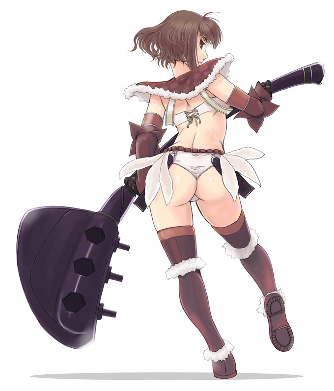 ass axe boots brown_eyes brown_hair elbow_gloves fantasy from_behind full_body glasses gloves kazu kikuko_(kazu) legs looking_back mace midriff original short_hair simple_background solo thighhighs weapon