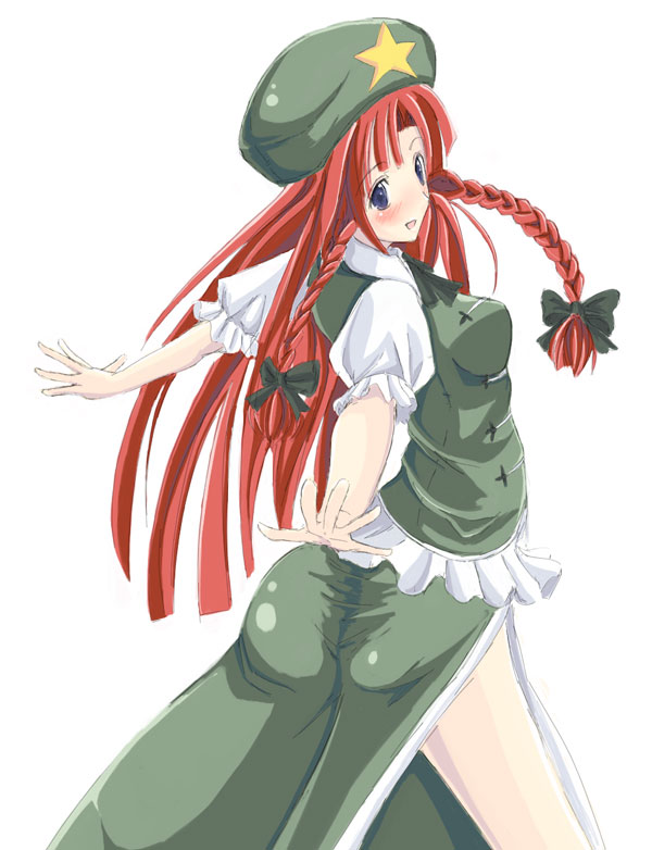 artist_request ass blue_eyes blush bow braid china_dress chinese_clothes dress hair_bow hat hong_meiling long_hair open_mouth red_hair smile solo star tight touhou twin_braids