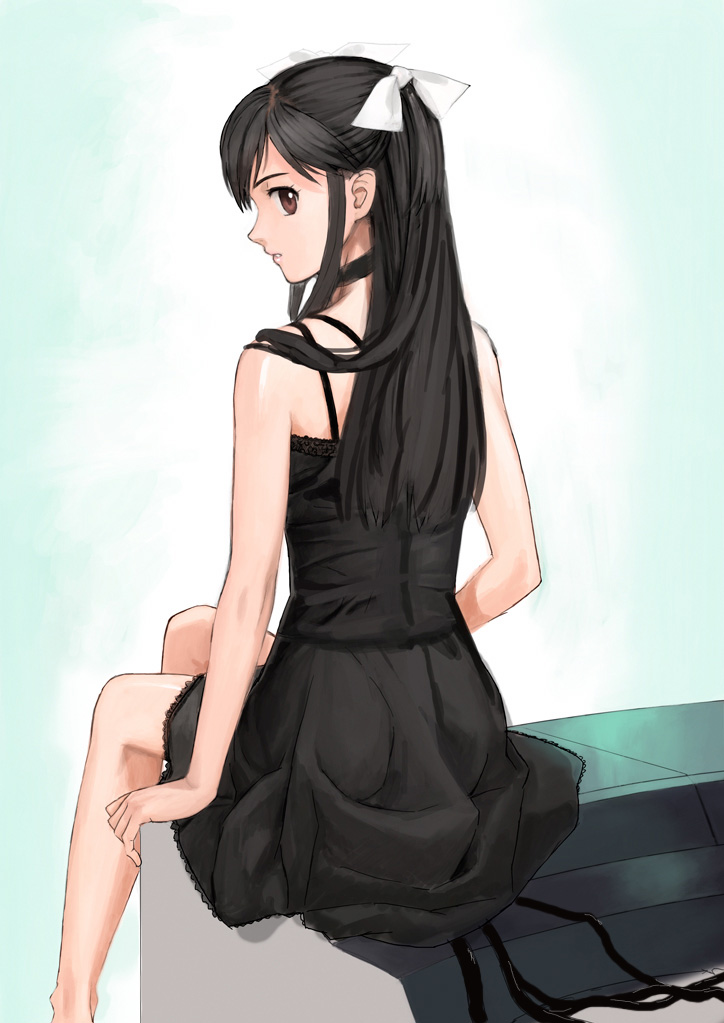 artist_request bare_shoulders black_dress black_hair bow brown_eyes choker dress from_behind long_hair looking_at_viewer looking_back original profile sitting solo