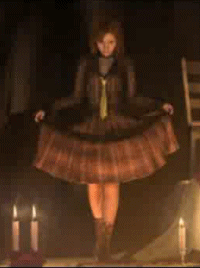 animated animated_gif bandages boots long_sleeves lowres red_hair rule_of_rose skirt skirt_lift smirk solo