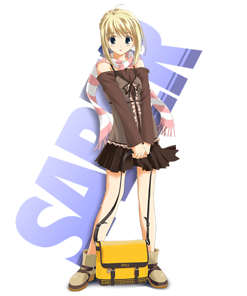 artoria_pendragon_(all) blonde_hair casual character_name fate/stay_night fate_(series) fujitsuki full_body miniskirt pleated_skirt saber scarf skirt solo standing striped striped_scarf transparent_background