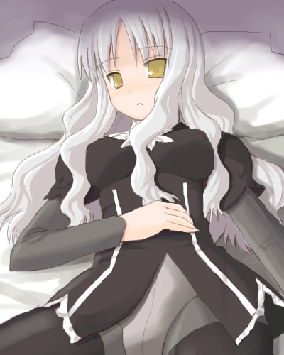 caren_hortensia crotch_seam fate/hollow_ataraxia fate_(series) kakifly layered_sleeves long_hair long_sleeves lowres lying on_back pantyhose pillow solo thighhighs