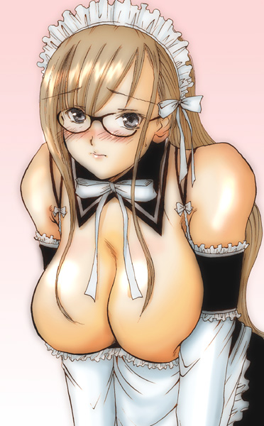 arm_garter blush breasts cleavage glasses huge_breasts long_hair maid maria-sama_ga_miteru no_nipples p.i.l. solo toudou_shimako