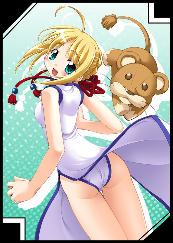 ahoge artoria_pendragon_(all) ass back blonde_hair china_dress chinese_clothes dress dress_lift dutch_angle fate/stay_night fate_(series) from_behind green_eyes hair_bun hair_ribbon lion looking_back panties r-gray ribbon saber solo standing stuffed_animal stuffed_lion stuffed_toy thigh_gap underwear white_panties wind wind_lift