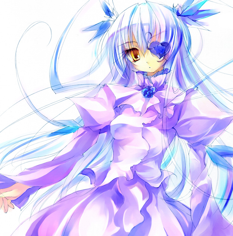 artist_request barasuishou dress eyepatch heart long_hair long_sleeves rozen_maiden simple_background solo two_side_up white white_background white_dress white_hair yellow_eyes