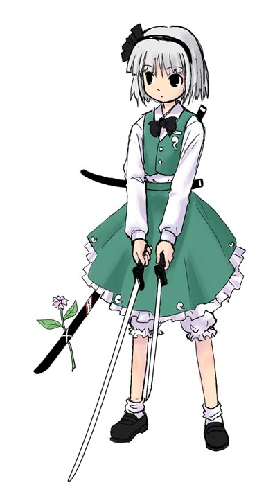 black_hairband bloomers bow bowtie dual_wielding flower hairband haniwa_(leaf_garden) holding katana konpaku_youmu long_sleeves scabbard sheath short_hair silver_hair skirt solo sword touhou underwear vest weapon white_bloomers