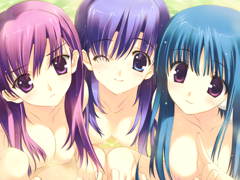 ;) alternate_hairstyle android bangs bath bathing blue_eyes blue_hair blush breasts caustics frown game_cg hair_between_eyes hair_down happy head_tilt himeyuri_ruri himeyuri_sango ilfa index_finger_raised light_smile lineup looking_at_viewer medium_breasts mitsumi_misato multiple_girls nakamura_takeshi nipples nude one_eye_closed partially_submerged purple_eyes purple_hair robot_ears shared_bathing siblings smile to_heart_2 to_heart_2_xrated twins upper_body water wet