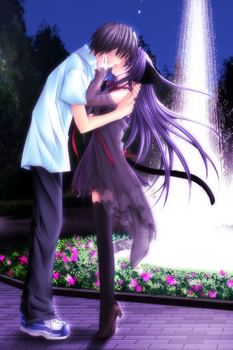 1girl animal_ears arms_around_back black_hair black_legwear blue_eyes blue_hair cat_ears cat_tail couple detached_sleeves dress eye_contact faceless faceless_male flower fountain game_cg hetero high_heels highres hug imminent_kiss kiss long_hair looking_at_another night night_sky open_mouth outdoors pure_pure ribbon sakurazawa_izumi see-through shoes short_dress sky sneakers standing tail thighhighs tiptoe_kiss tiptoes tobari_(pure_pure) very_long_hair water yuuki_jun