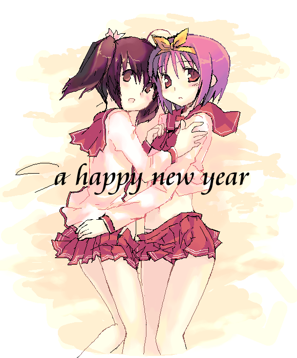 bow happy_new_year kamigishi_akari long_sleeves multiple_girls nakamura_hisashi new_year pleated_skirt school_uniform serafuku skirt to_heart to_heart_2 yellow_bow yuzuhara_konomi