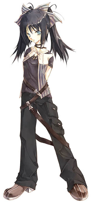 arms_behind_back baggy_pants belt black_hair blue_eyes boots bow cargo_pants choker fashion hair_bow loose_belt pants present_pretty simple_background solo sumi_keiichi twintails white_background