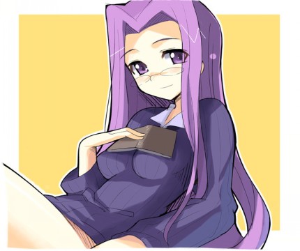 blush book border fate/stay_night fate_(series) glasses holding holding_book leaning_back light_smile long_hair long_sleeves looking_at_viewer lowres no_pants nose_blush open_book orange_background pocket purple_eyes purple_hair purple_sweater rider rimless_eyewear sikorsky simple_background sitting solo striped sweater thighs vertical_stripes very_long_hair white_border yellow_background
