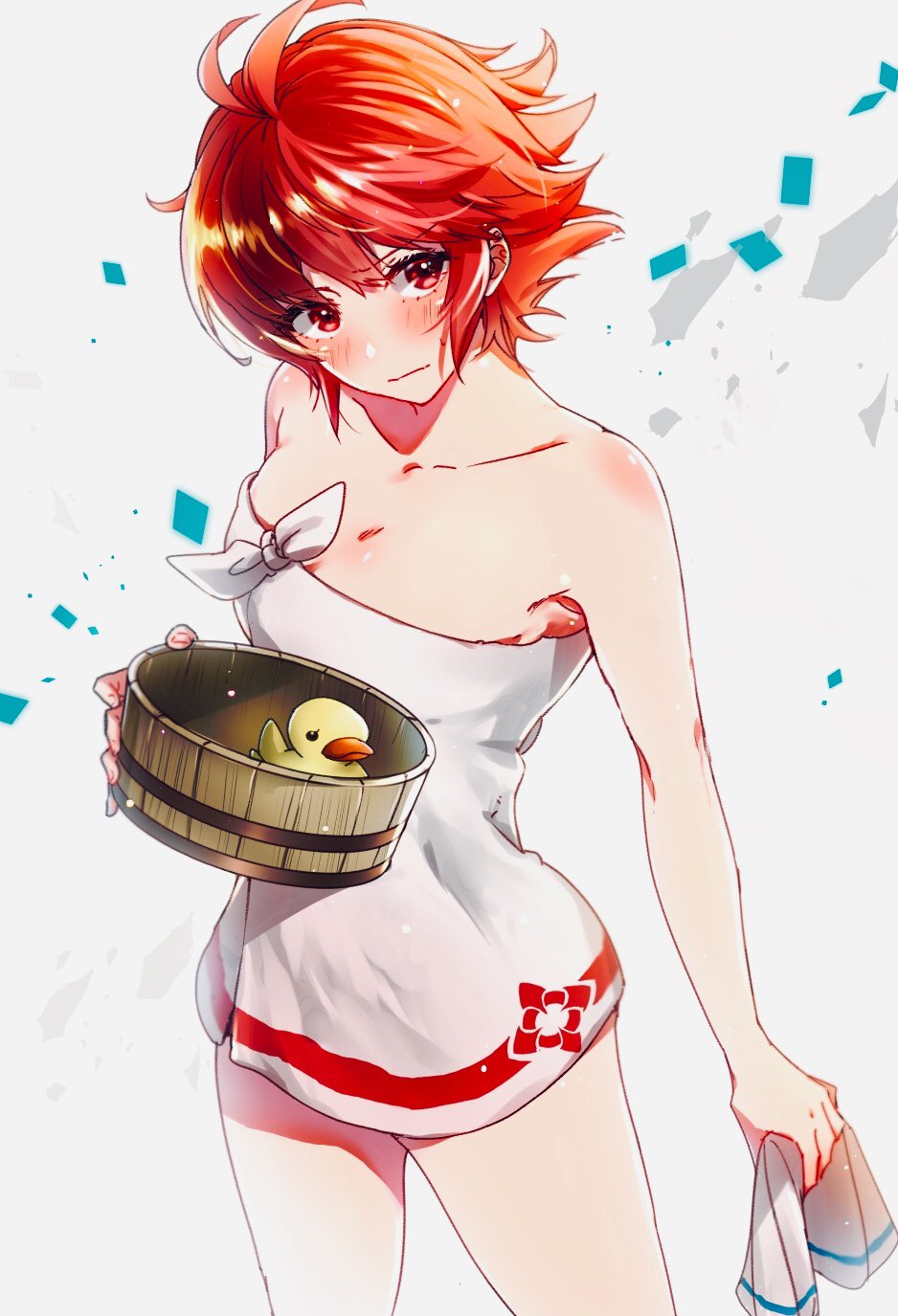 1girl blush bucket closed_mouth fire_emblem fire_emblem_heroes fire_emblem_if highres hinoka_(fire_emblem_if) holding holding_bucket naked_towel nekolook nintendo red_eyes red_hair rubber_duck short_hair simple_background solo towel white_background wooden_bucket