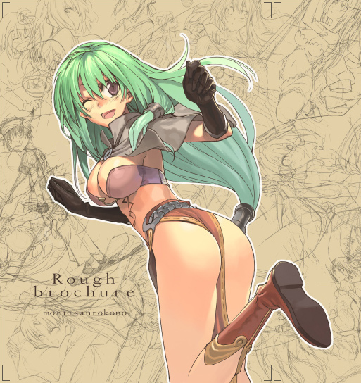 black_gloves boots breasts brown_eyes capelet cleavage gloves green_hair hair_tubes large_breasts long_hair looking_back low-tied_long_hair mage_(ragnarok_online) morii_shizuki one_eye_closed pelvic_curtain ragnarok_online solo thighs
