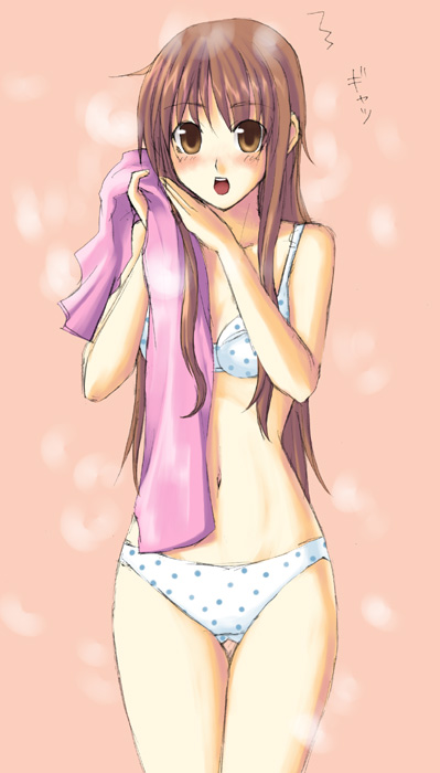 blush bra brown_eyes brown_hair holding lingerie long_hair looking_at_viewer original panties polka_dot polka_dot_bra polka_dot_panties solo standing towel unasaka_ryou underwear underwear_only white_bra white_panties