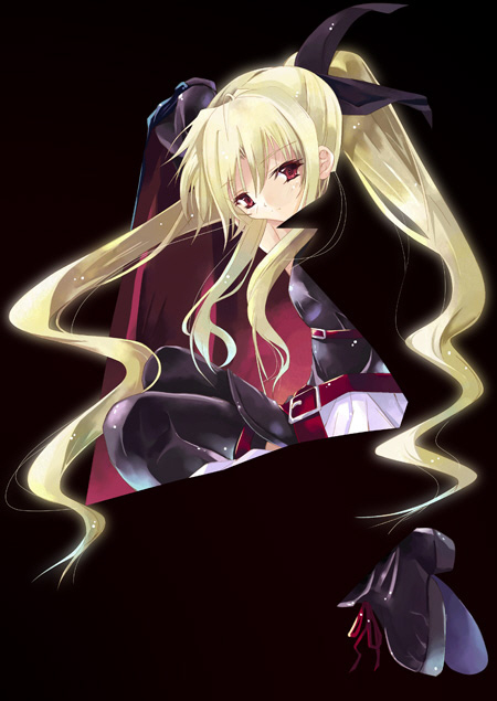 artist_request belt black blonde_hair bow cape fate_testarossa from_behind hair_bow hair_ribbon long_hair looking_at_viewer looking_back loose_belt lyrical_nanoha magical_girl mahou_shoujo_lyrical_nanoha mahou_shoujo_lyrical_nanoha_a's miniskirt red_eyes ribbon shirt shoes skirt solo thighhighs twintails very_long_hair white_shirt