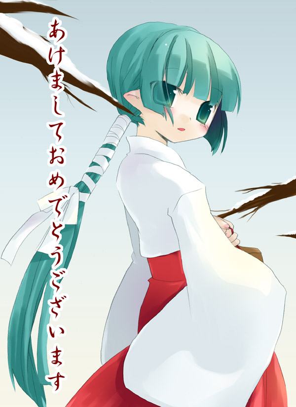 green_eyes green_hair hakama japanese_clothes long_sleeves miko new_year original red_hakama sazaki_ichiri solo