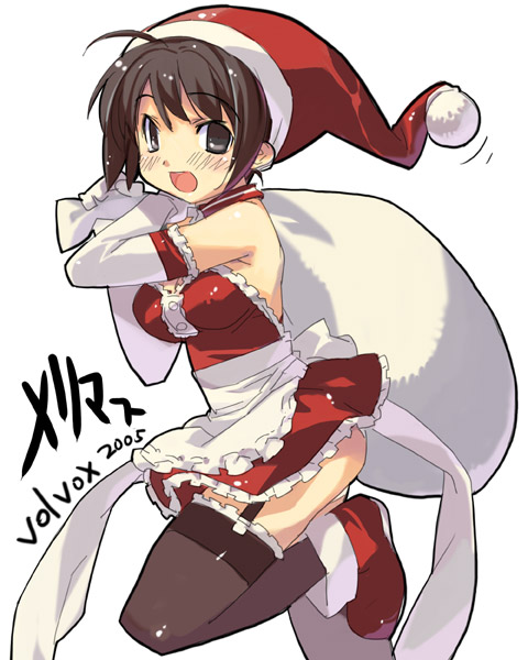 2005 apron arm_garter carrying_over_shoulder christmas cowboy_shot dated dress elbow_gloves garter_belt garter_straps gloves hat holding holding_sack kizaki kore_ga_watashi_no_goshujin-sama leg_up looking_at_viewer maid open_mouth red_dress red_footwear sack santa_costume santa_hat sawatari_izumi short_hair simple_background solo thighhighs waist_apron white_background white_gloves zettai_ryouiki