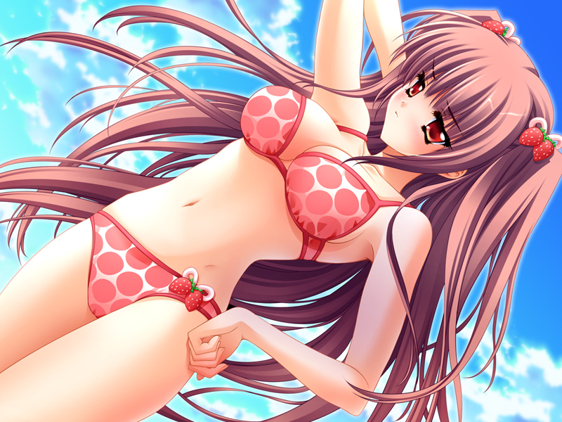 airi_(quilt) bikini blush carnelian day food food_themed_hair_ornament fruit game_cg hair_ornament long_hair navel polka_dot polka_dot_bikini polka_dot_swimsuit quilt_(game) solo strawberry strawberry_hair_ornament swimsuit two_side_up