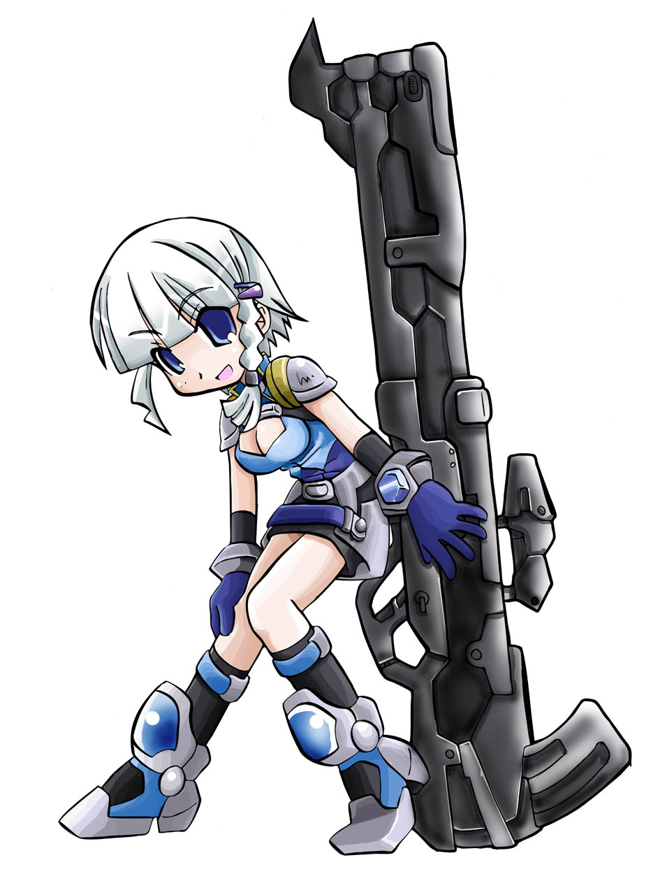 armor armored_boots artist_request blue_eyes boots braid breasts cleavage cleavage_cutout faulds full_body hair_ornament hairclip high_heels highres huge_weapon leaning_forward looking_at_viewer medium_breasts seolla_schweizer simple_background solo super_robot_wars weapon white_background white_hair