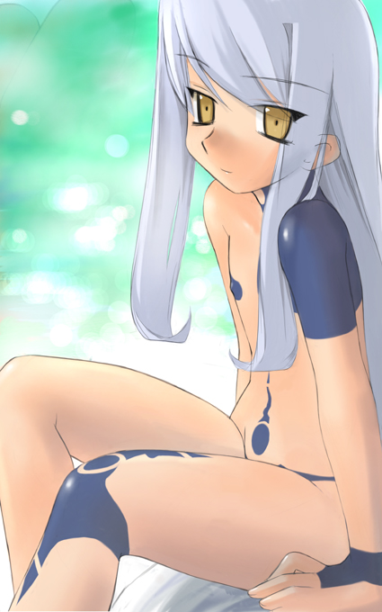 flat_chest long_hair nude original silver_hair solo tattoo tsuina yellow_eyes
