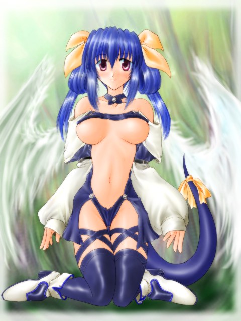 artist_request asymmetrical_wings blue_hair bow dizzy guilty_gear red_eyes ribbon solo tail tail_bow tail_ribbon thighhighs wings