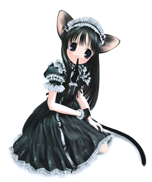animal_ears aojiru black_eyes black_hair cat_ears cat_tail copyright_request gloves gothic long_hair maid_headdress mouth_hold single_glove sitting solo tail white_background