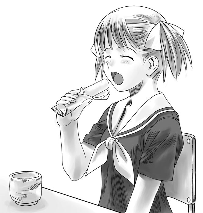 artist_request blush chair cup eating food fukuzawa_yumi greyscale holding holding_food maria-sama_ga_miteru monochrome neckerchief school_uniform shirt short_hair short_sleeves simple_background solo table two_side_up white_background