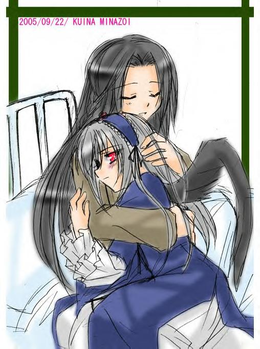 2girls artist_request bed black_hair black_wings blush closed_eyes dated dress frills hairband hand_on_another's_head hug kakizaki_megu long_hair long_sleeves multiple_girls open_mouth red_eyes rozen_maiden sad silver_hair sitting suigintou traumend very_long_hair wings